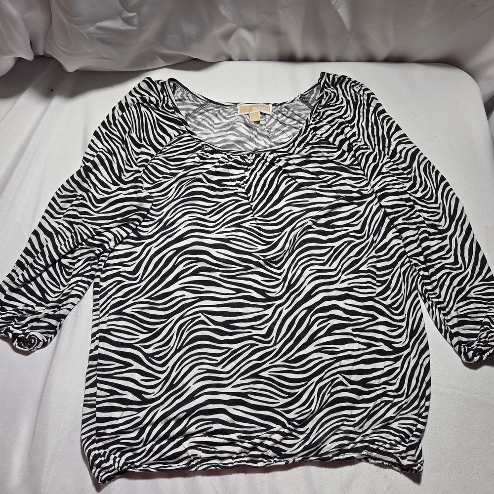 Michael Michael Kors Zebra Print Blouse Black White 3/4 Sleeve Scoop Neck Medium